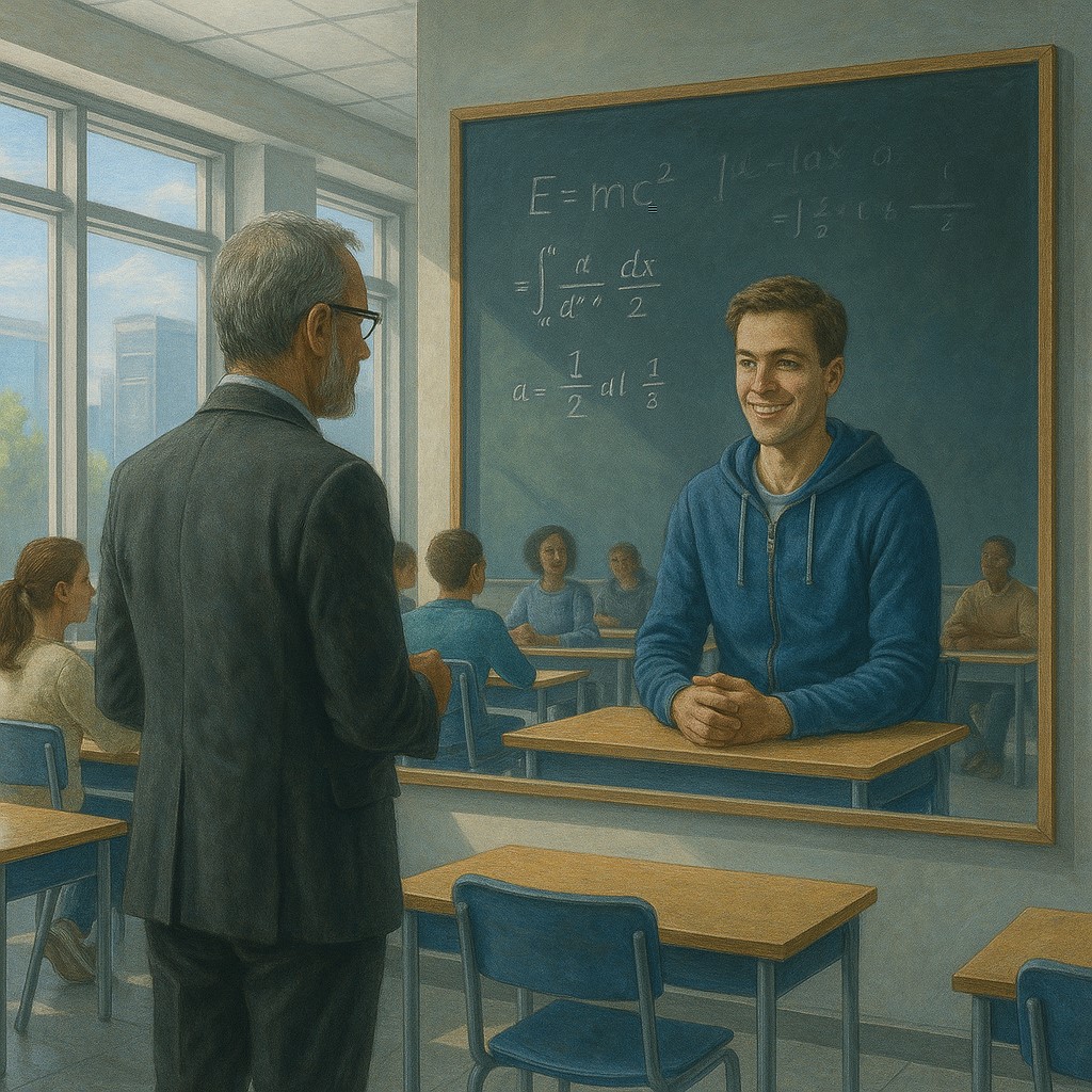 Teacher and student reflected in classroom